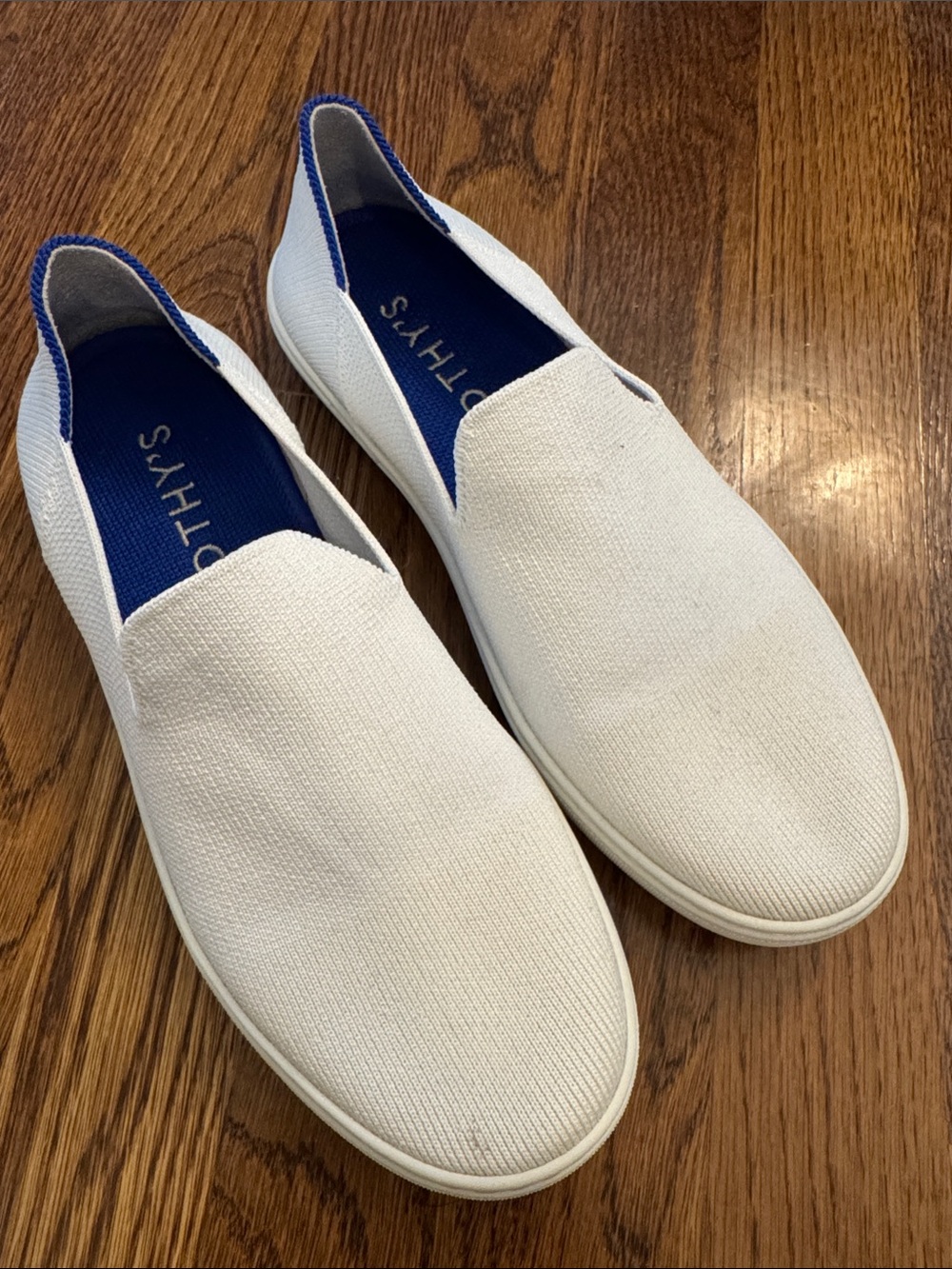 Rothy's White Knit Slip-On Sneakers with Blue Insole